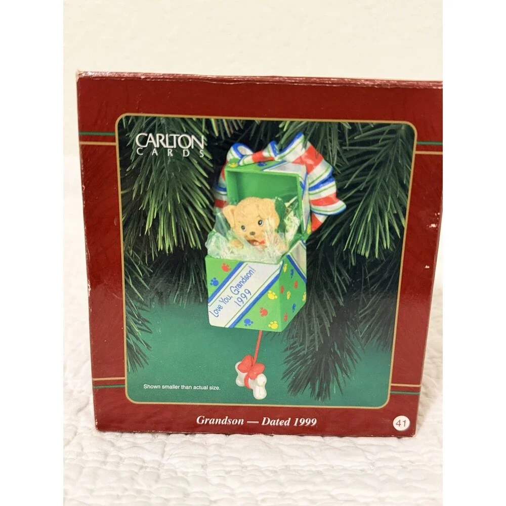 1999 Carlton Cards Heirloom Collection Love You Grandson Puppy Present Ornament